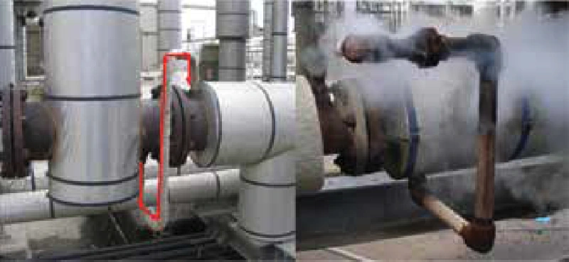 Figura 13. Si se utilizan purgadores estándar en tuberías encamisadas con conectores de bucle en S (rojo), las purgas de vapor (como la que se muestra a la derecha) probablemente indican problemas de calentamiento.