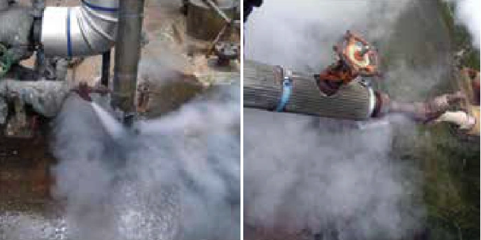 Figura 2. Las purgas abiertas en las líneas de trazado de vapor son un signo de poca transferencia de calor, y pueden ser indicativas de purgadores de vapor defectuosos.