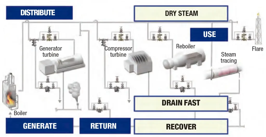 FIGURA 1. Un sistema de vapor tiene cuatro etapas: generación, distribución, uso y retorno de energía recuperable. El equipo funciona mejor con vapor seco y cuando el condensado se drena rápidamente. La energía recuperada reduce la carga de la caldera.